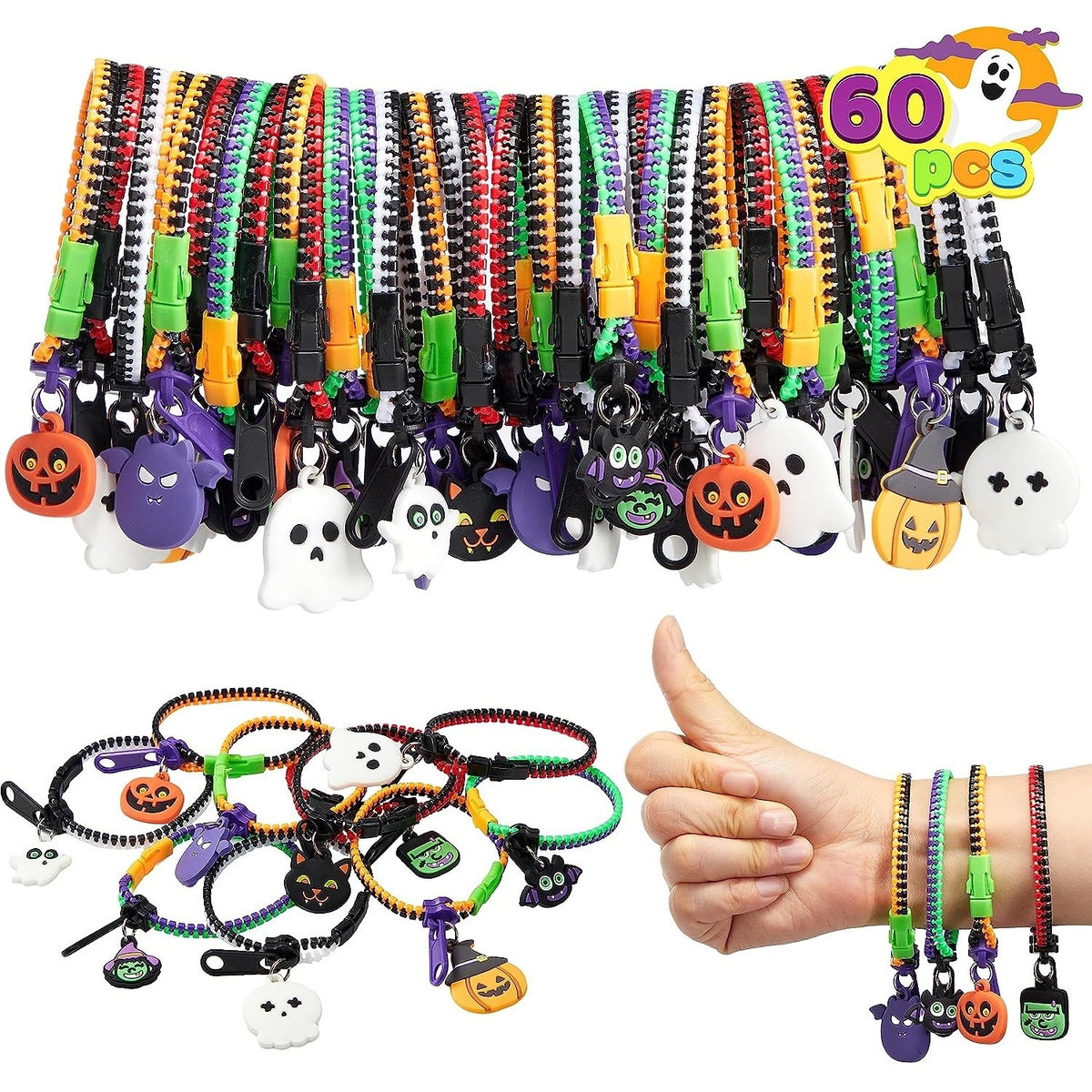60 pcs halloween zipper bracelets bulk set, zipper wristbands party favors for kids