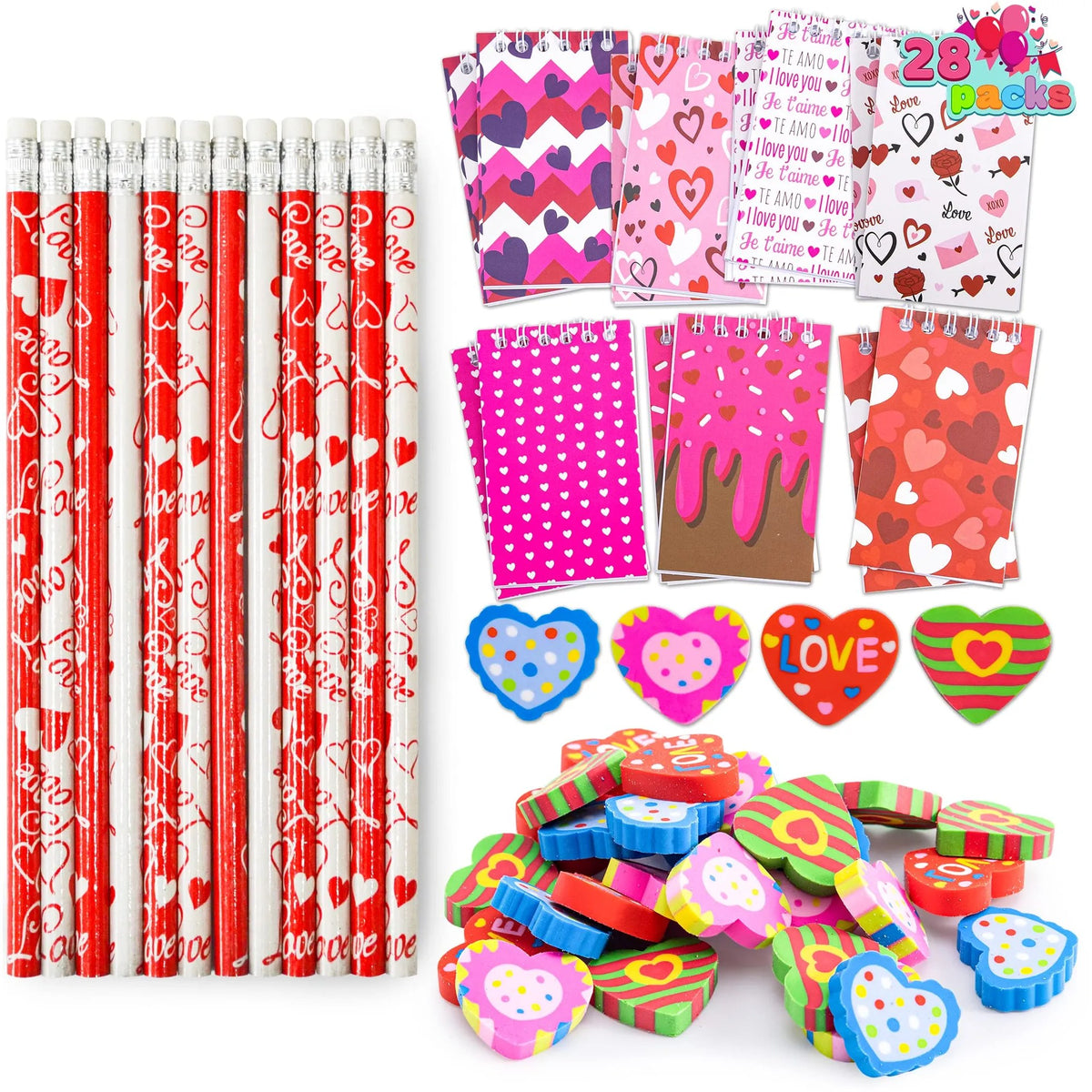 28Pcs Valentines Themed Notepad, Pencil and Eraser Set for Kids