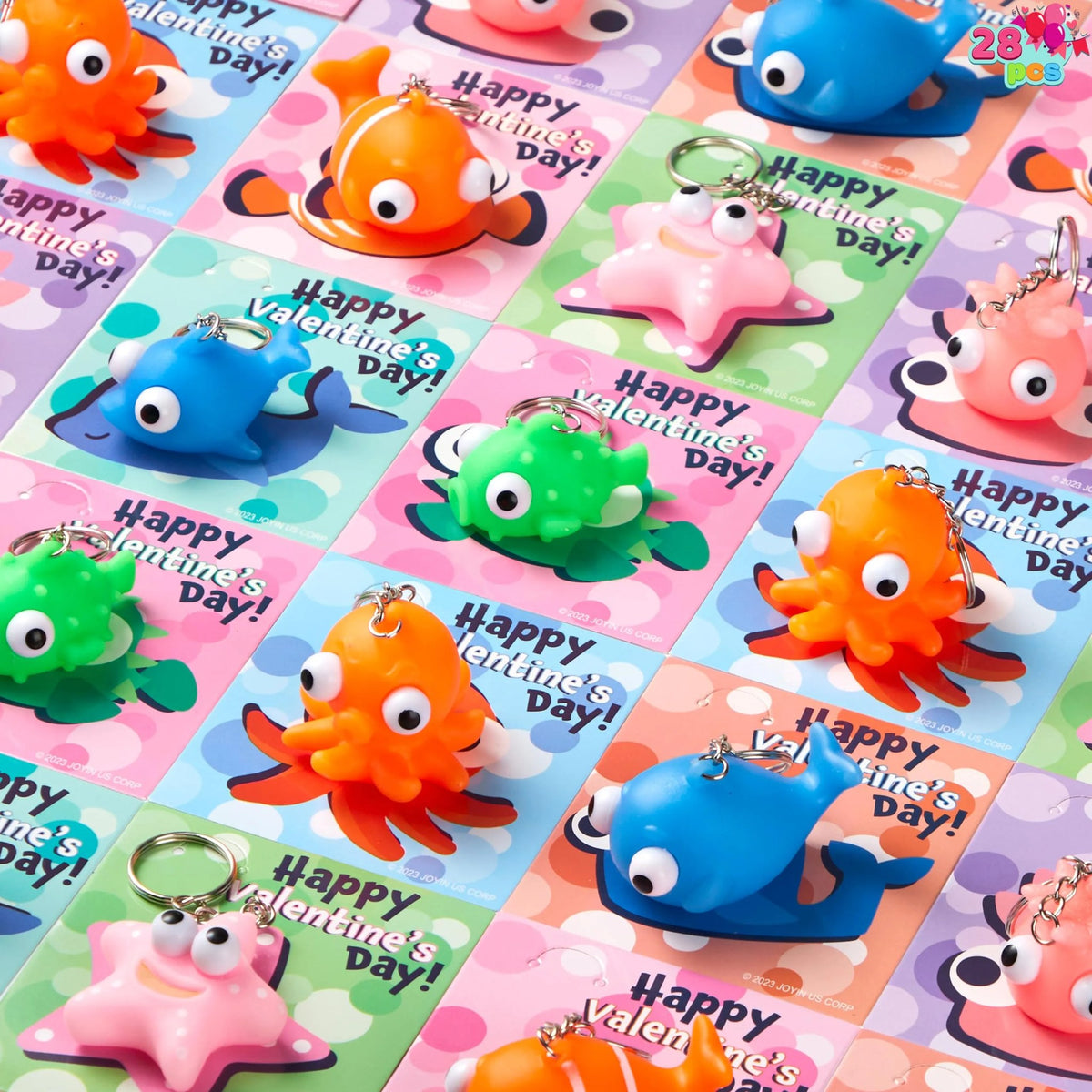 28 Packs Valentine's Day Gift Cards with Sea Animal Unzip Popping Eyes Keychains