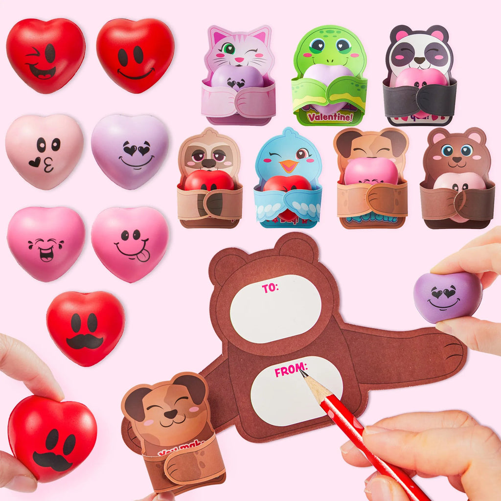 28Pcs Heart Stress Ball with Kids Valentines Cards for Classroom Exchange Gifts