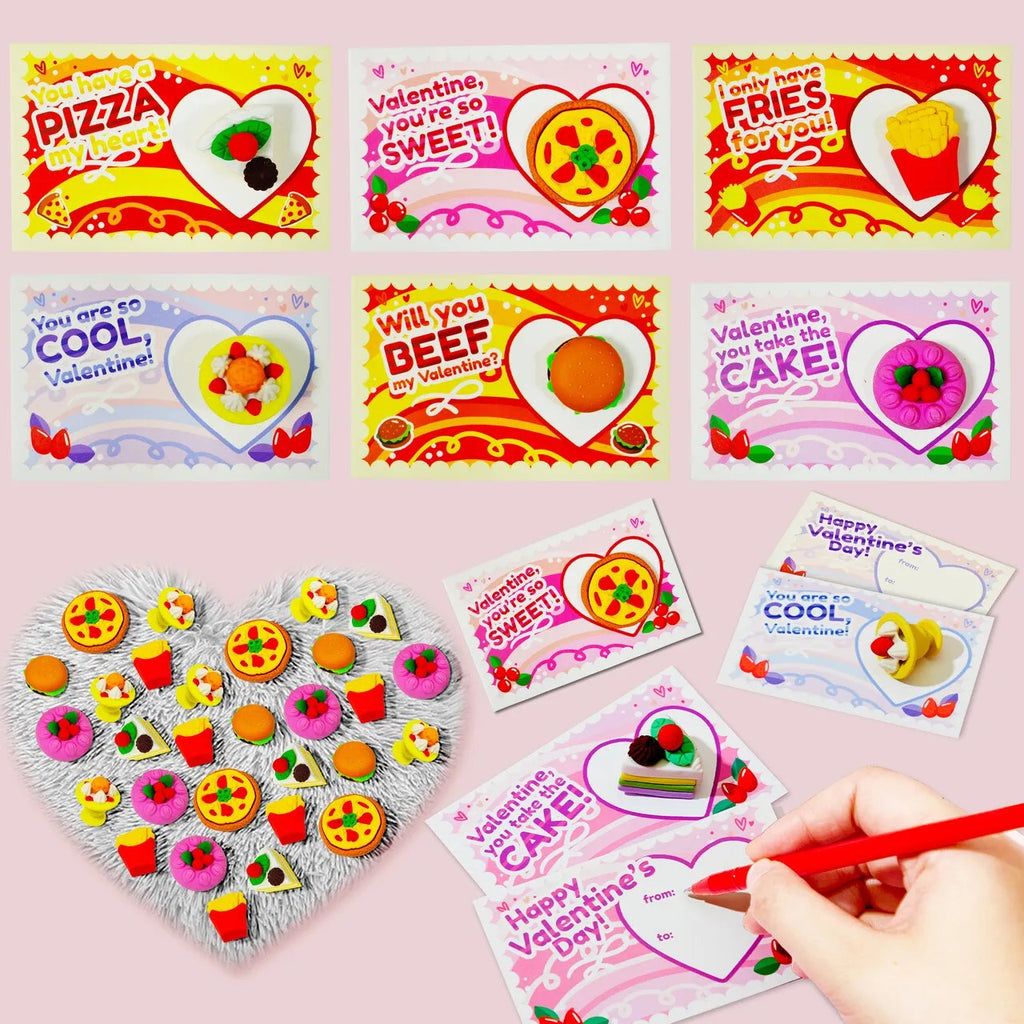36Pcs 3D Dessert Erasers with Kids Valentines Cards for Classroom Exchange Gifts