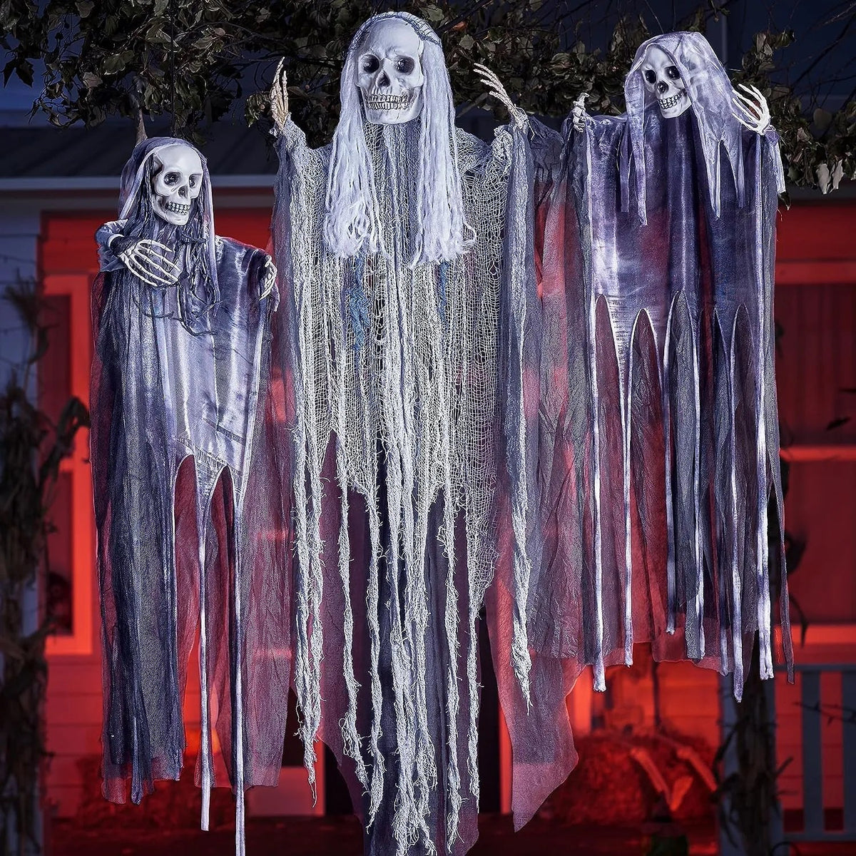 3Pcs Halloween Hanging Grim Reapers, One 55in, Two 35in Skeleton Flying Ghosts