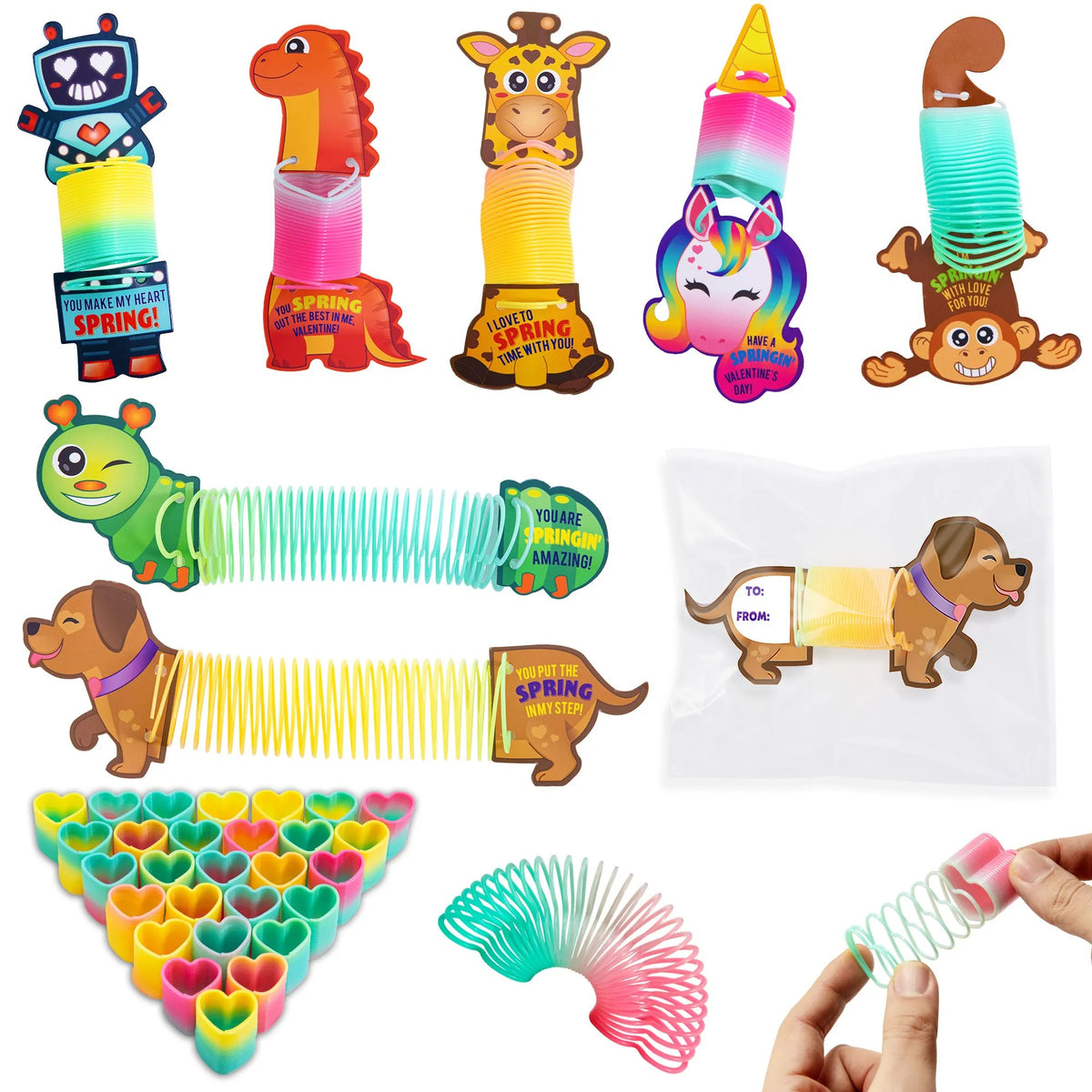 28Pcs Kids Valentines Cards with Coil Springs Rainbow Springs for Classroom Exchange Gifts