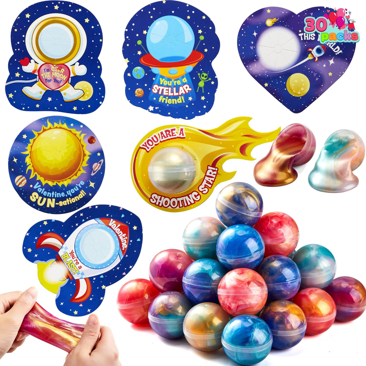 30Pcs Cosmic Realm Valentine Slime with Kids Valentines Cards