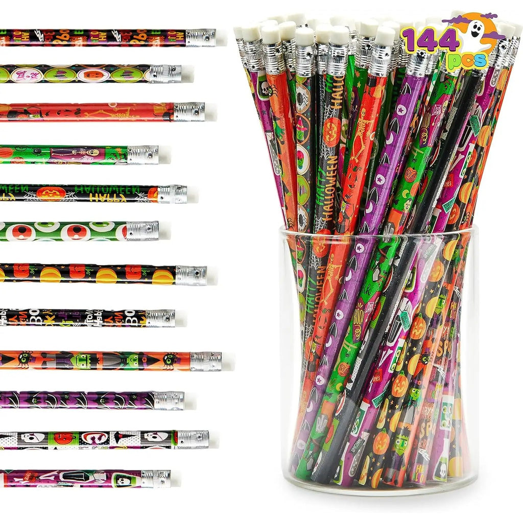 144 pack halloween pencil with eraser, 12 design halloween themed pencil set