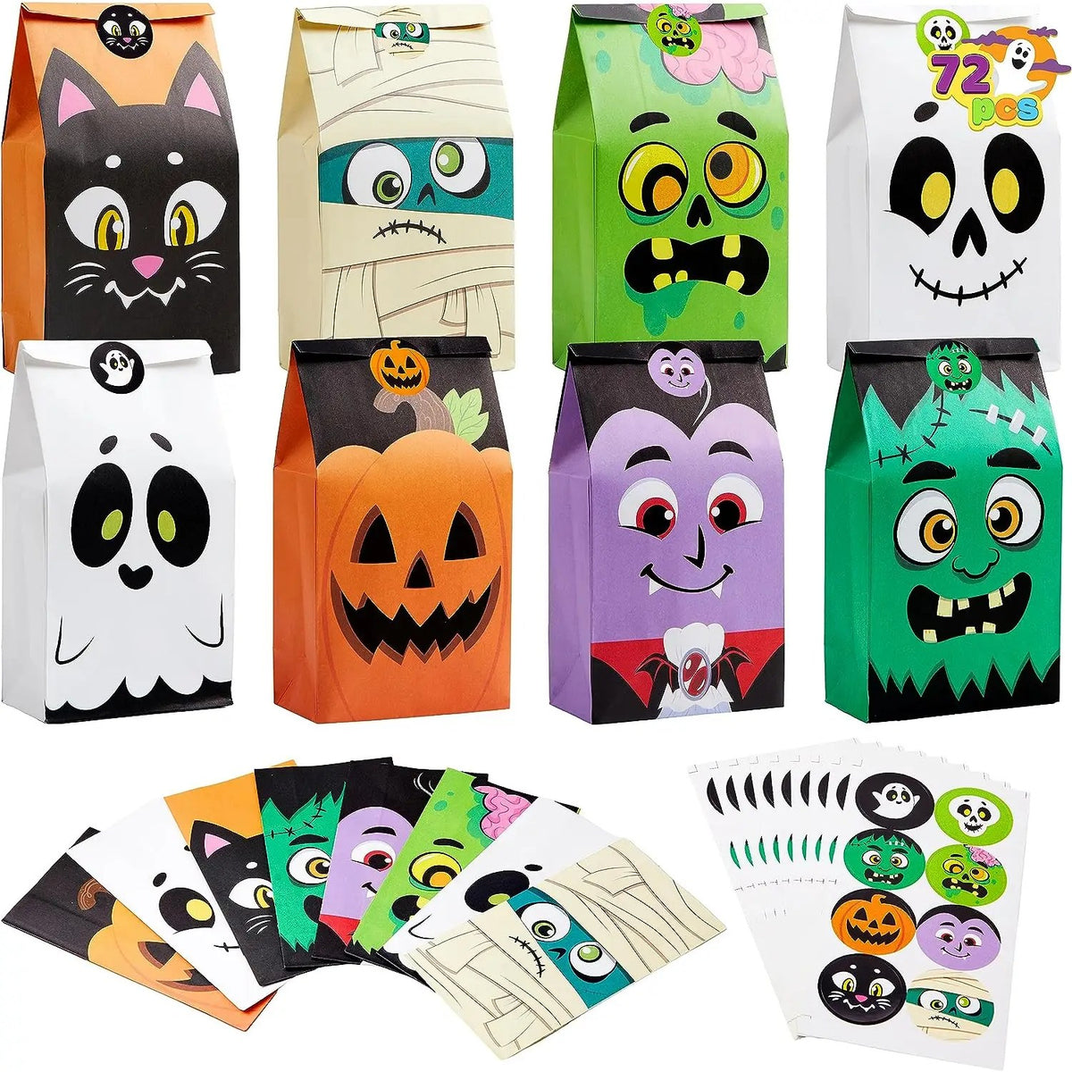 72pcs halloween treat bags, 6 styles trick or treat paper bags with stickers, halloween goodie bags for kids
