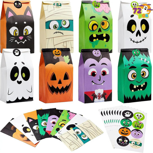 72pcs halloween treat bags, 6 styles trick or treat paper bags with stickers, halloween goodie bags for kids