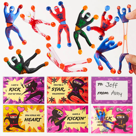28Pcs Sticky Climbing Ninja with Kids Valentines Cards for Valentine Party Favors