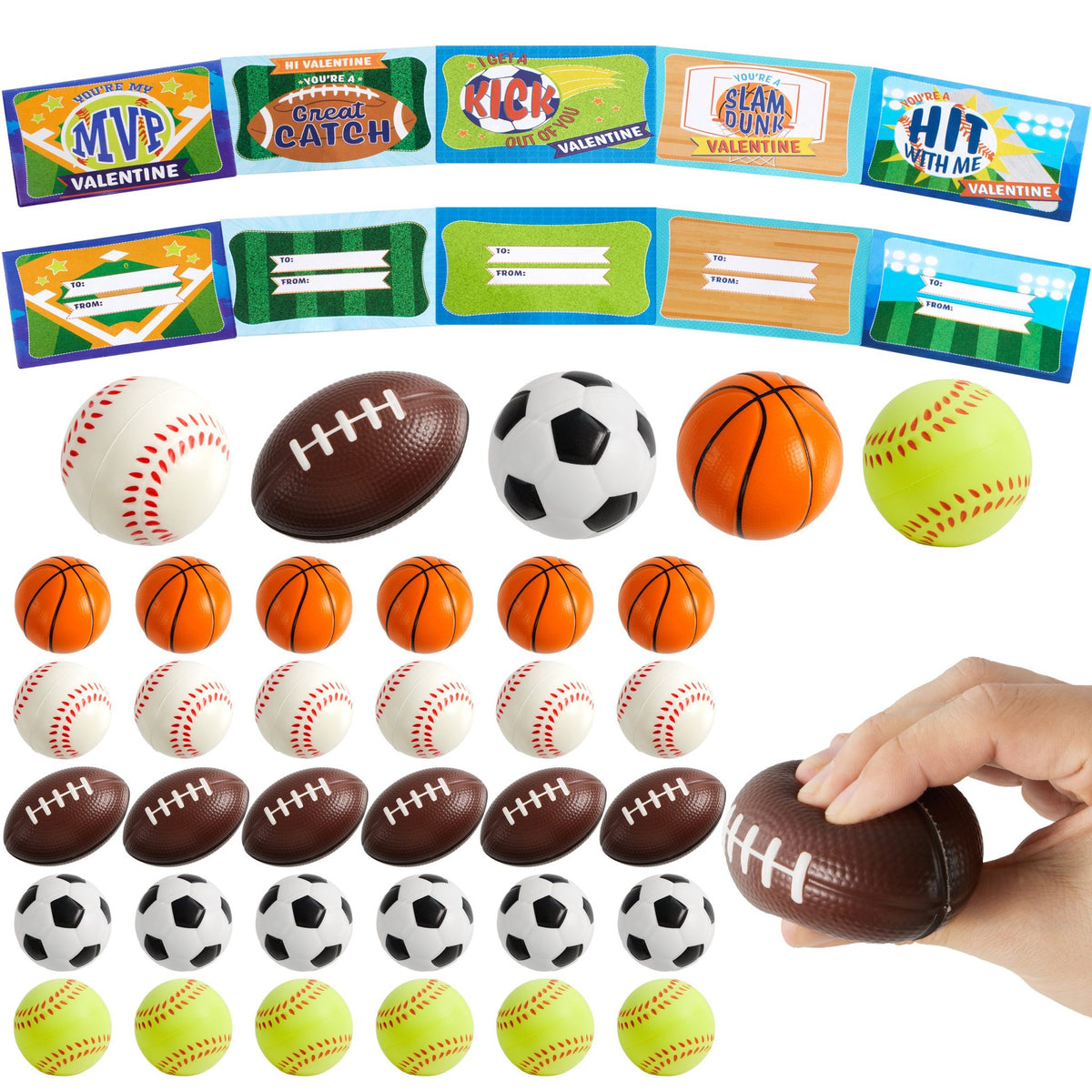 28Pcs Mini Sports Squeeze Balls with Kids Valentines Cards for Classroom Exchange