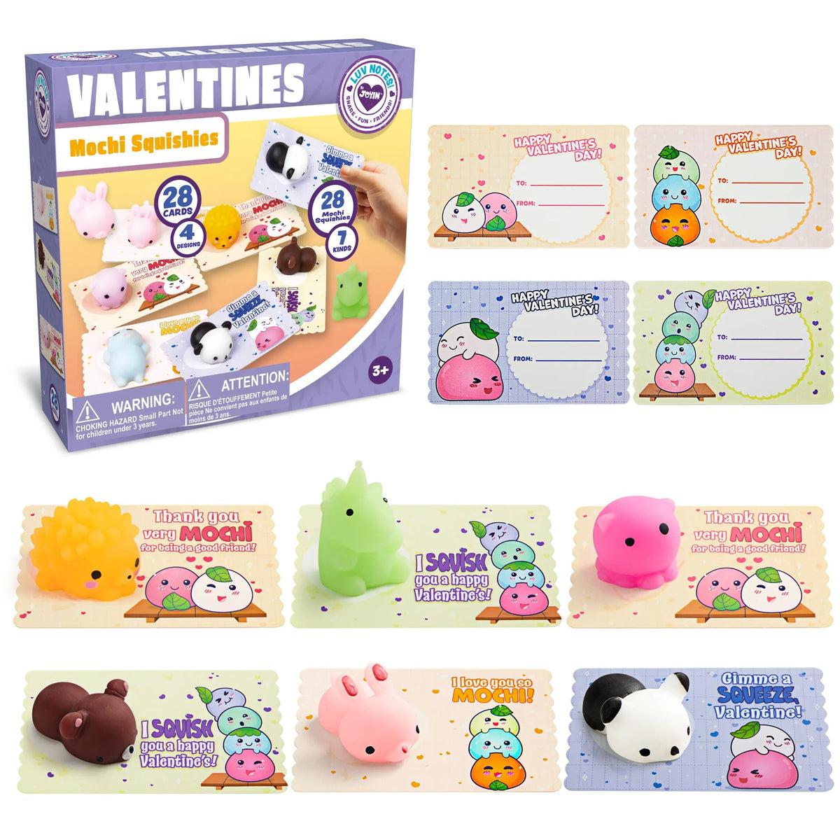 28Pcs Mochi Squishy Toys with Kids Valentines Cards for Classroom Exchange Gifts